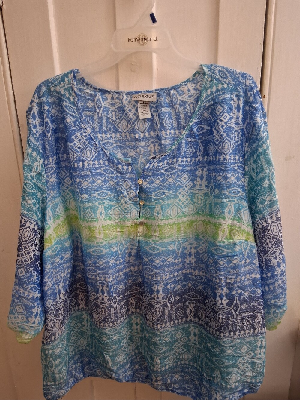 Catherines Boho Peasant Top 3/4 Sleeves Blue/Green Ombre Print 2X